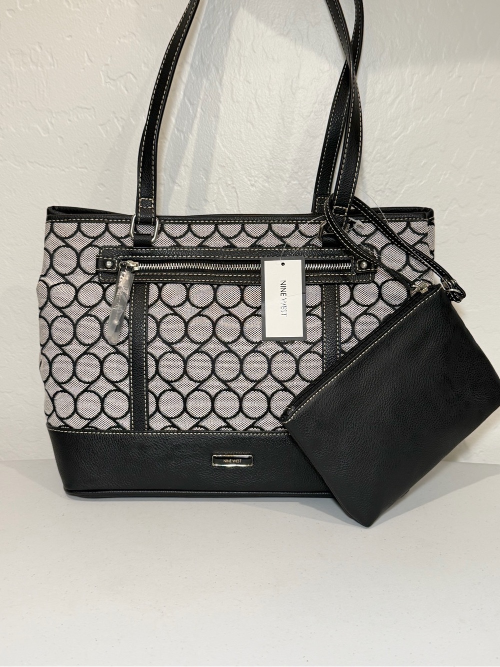 NWT Nine West 9 Jacquard Tote Bag with Detachable Pouch - Black & Gray